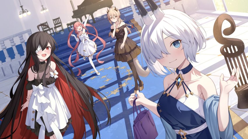 4girls, ahoge, alchemy_stars, alternate_costume, alternate_hairstyle, arms_behind_back, bag, bandage_over_one_eye, bare_shoulders, bethel_(alchemy_stars), black_dress, black_hair, black_legwear, blue_eyes, blush, breasts, brown_hair, chair, cleavage, closed_eyes, closed_mouth, collarbone, colored_inner_hair, colored_tips, detached_collar, dress, dutch_angle, elbow_gloves, eve_(alchemy_stars), gloves, hair_horns, hair_over_one_eye, hand_up, handbag, hanging_light, high_heels, highres, holding, holding_bag, hand_on_own_arm, horns, indoors, instrument, jewelry, long_hair, looking_at_viewer, maggie_(alchemy_stars), medium_breasts, multicolored_hair, multiple_girls, necklace, off-shoulder_dress, off_shoulder, open_mouth, piano, piano_bench, pink_hair, ponytail, quad_tails, raphael_(alchemy_stars), red_eyes, sash, short_hair, sleeveless, sleeveless_dress, small_breasts, smile, stairs, standing, standing_on_one_leg, strapless, strapless_dress, tail, very_long_hair, white_gloves, white_hair, yukishima_momo