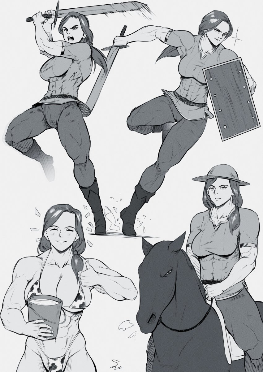 1girl, abs, absurdres, alex_(minecraft), animal_print, bikini, bucket, closed_eyes, cow_print, greyscale, hat, highres, holding, holding_weapon, horse, horseback_riding, long_hair, minecraft, minecraft_shield, monochrome, muscular, muscular_female, ponytail, riding, shield, smile, sparkle, speedl00ver, swimsuit, sword, thumbs_up, weapon