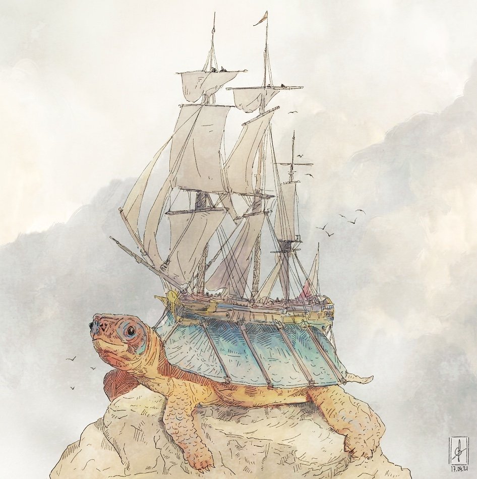 animal, bird_wings, boat, cloud, cloudy_sky, commentary, day, flag