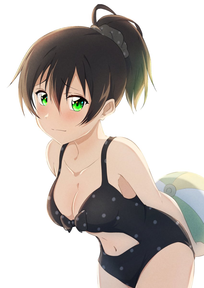 1girl, absurdres, alternate_hairstyle, arms_behind_back, ball, beachball, black_bow, black_hair