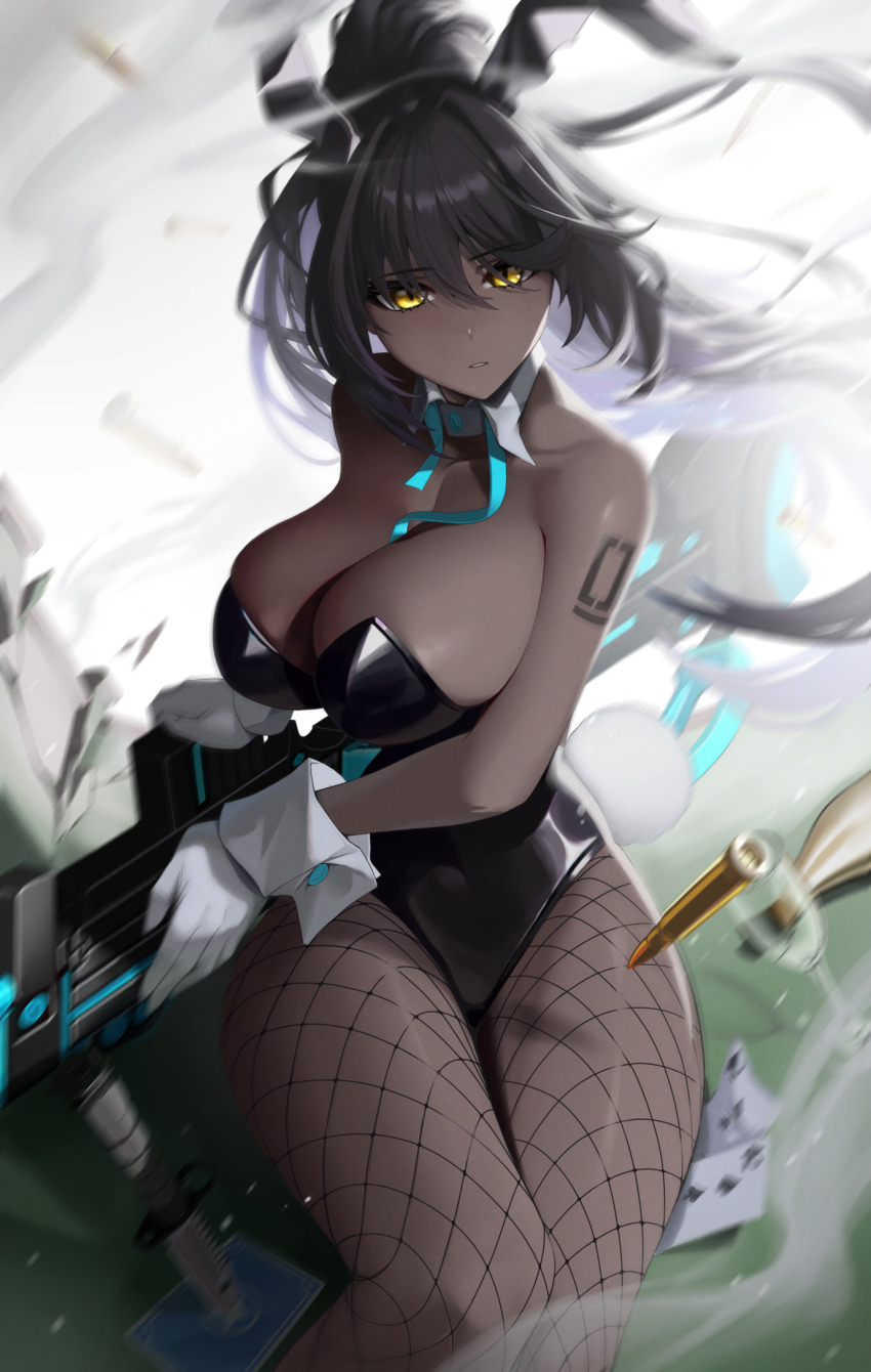 .55_boys, ammunition, animal_ears, anti-materiel_cartridge, anti-materiel_rifle, anti-tank_cartridge, black_hair, black_leotard, blue_archive, blue_bow, blue_bowtie, bow, bowtie, boys_anti-tank_rifle, bullet, dark-skinned_female, dark_skin, detached_collar, fake_animal_ears, fishnet_legwear, fishnets, gloves, gradient_hair, gun, highres, karin_(blue_archive), karin_(bunny)_(blue_archive), leotard, magictuna, multicolored_background, multicolored_hair, number_tattoo, playboy_bunny, purple_hair, rabbit_ears, rifle, rifle_cartridge, shoulder_tattoo, sniper_rifle, strapless, strapless_leotard, tattoo, traditional_bowtie, weapon, white_gloves, wrist_cuffs, yellow_eyes