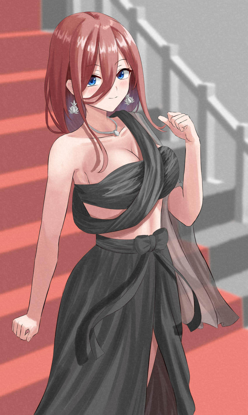 1girl, absurdres, blue_eyes, blush, breasts, brown_hair, cleavage, closed_mouth, collarbone, earrings, go-toubun_no_hanayome, hair_between_eyes, highres, jewelry, kagaya_523, large_breasts, long_hair, looking_at_viewer, nakano_miku, necklace, smile, solo, stairs