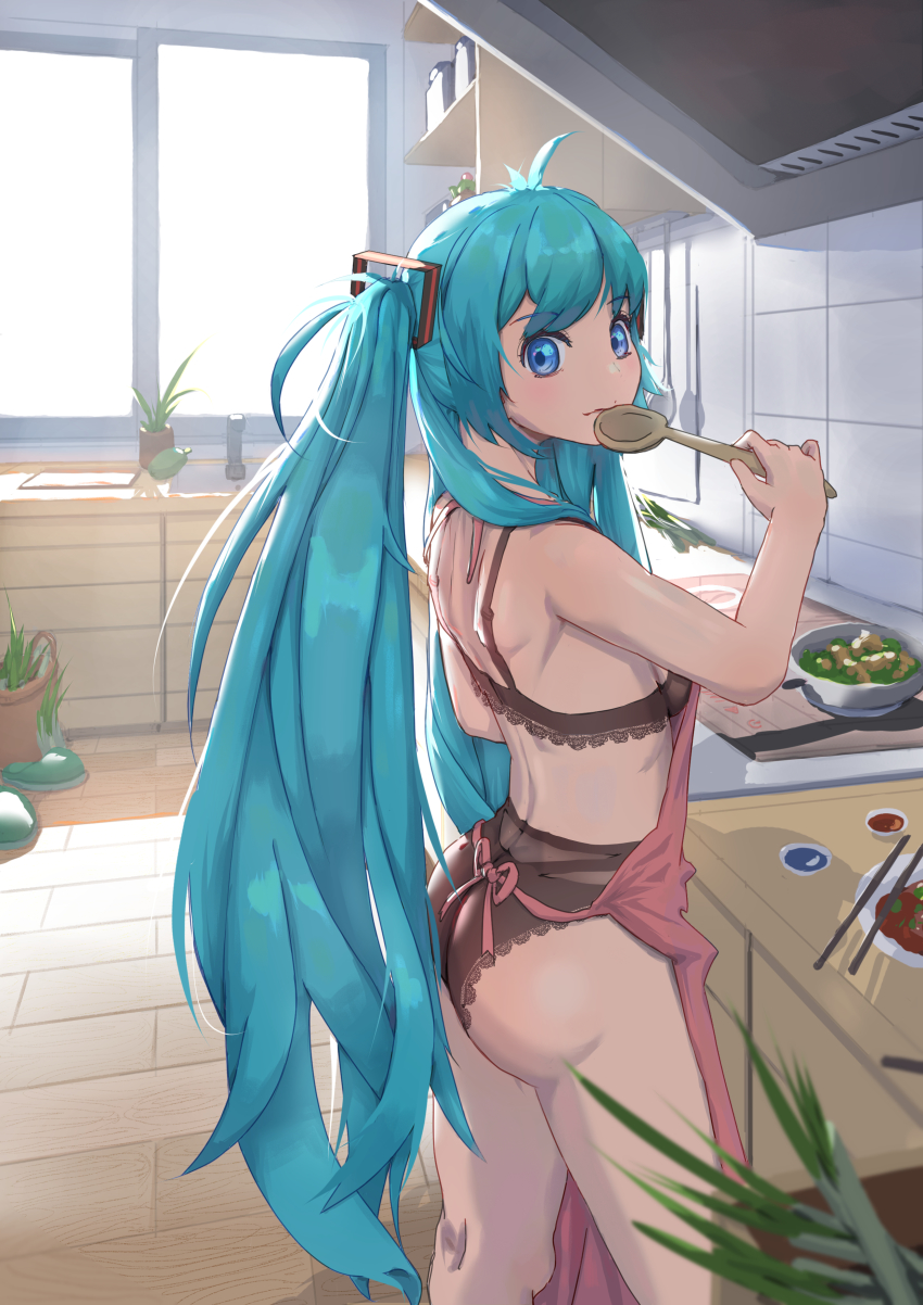 1girl, absurdres, apron, aqua_eyes, aqua_hair, ass, asuka-w, breasts