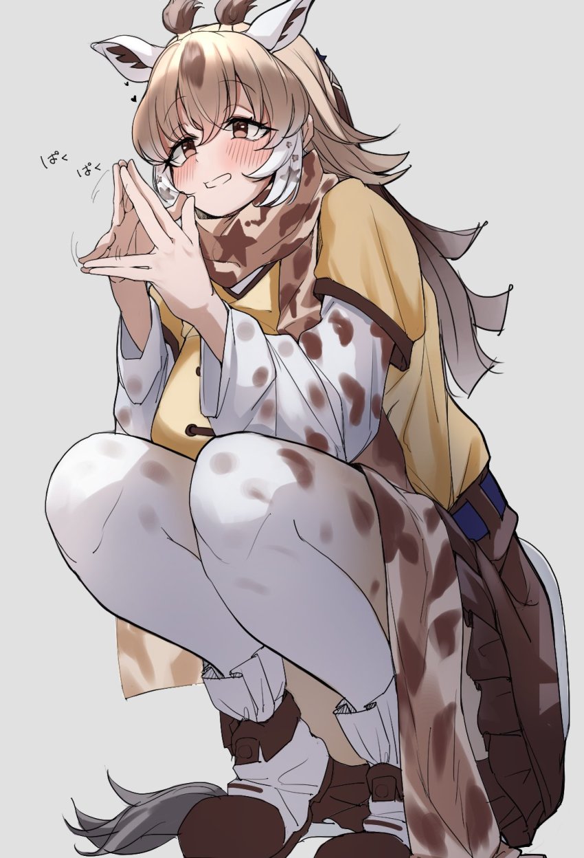 1girl, animal_ears, animal_print, belt, blonde_hair, blush, bodystocking, brown_eyes, brown_hair, brown_skirt, buchibussei, colored_inner_hair, extra_ears, frilled_skirt, frills, full_body, giraffe_ears, giraffe_print, giraffe_tail, grey_background, hair_between_eyes, hands_up, heart, highres, kemono_friends, layered_sleeves, long_hair, long_scarf, long_sleeves, looking_to_the_side, masai_giraffe_(kemono_friends), miniskirt, motion_lines, multicolored_hair, open_mouth, own_hands_together, print_scarf, print_sleeves, scarf, shirt, shoes, short_over_long_sleeves, short_sleeves, sidelocks, simple_background, skirt, smile, solo, squatting, tail, white_hair, yellow_shirt