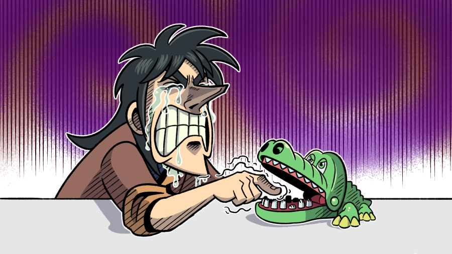1boy, large_nose, black_hair, brown_jacket, crocodile, crocodile_dentist, crocodilian, itou_kaiji