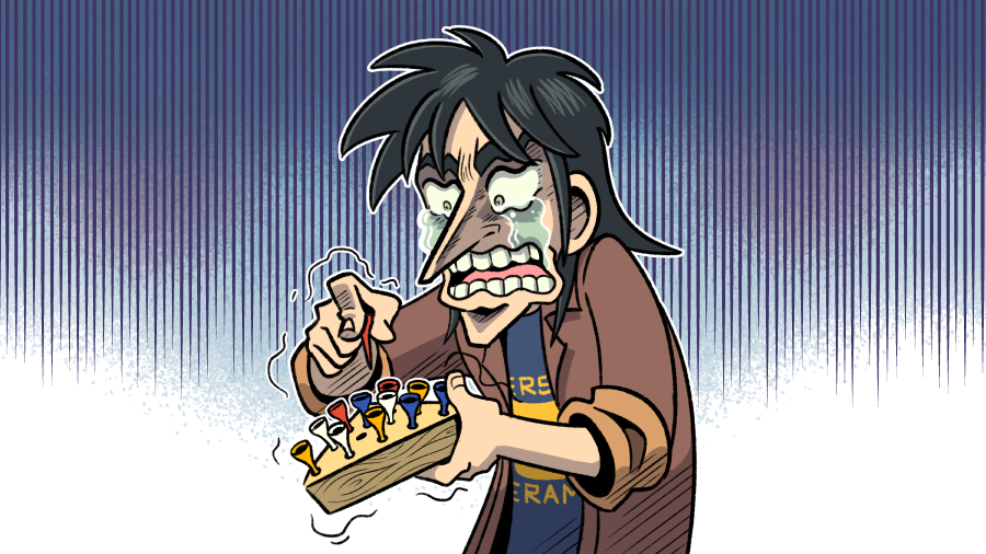 1boy, large_nose, black_hair, itou_kaiji, tobaku_mokushiroku_kaiji, long_sleeves, nervous, open_mouth