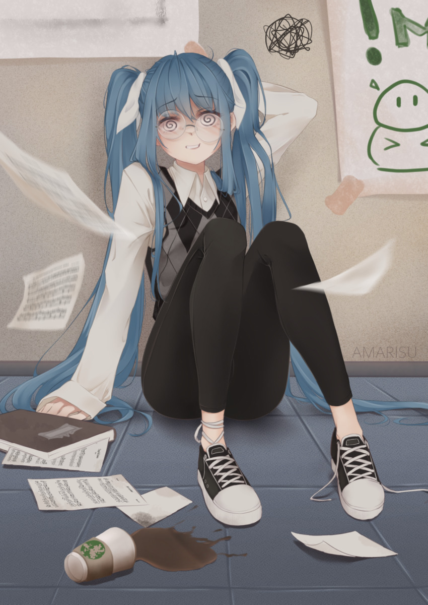 1girl, @_@, amarisuu, aqua_hair, artist_name, black_legwear, black_shoes, book, coffee, collared_shirt, commentary_request, cup, disposable_coffee_cup, disposable_cup, full_body, glasses, hand_up, hatsune_miku, highres, knees_up, long_hair, messy_hair, multicolored_shoes, pants, paper, round_eyewear, shirt, shoelaces, shoes, sitting, smile, sneakers, solo, spill, squiggle, sweater_vest, teeth, thighs, twintails, two-tone_shoes, very_long_hair, vocaloid, white_shirt, white_shoes