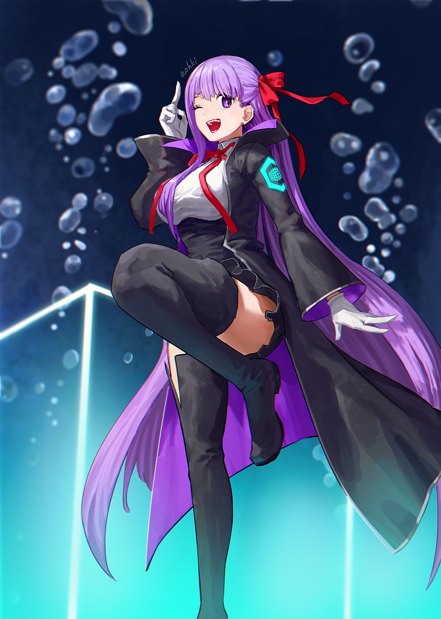 1girl, bb_(fate), bb_(fate/extra), black_boots, black_coat, black_skirt, blush, boots
