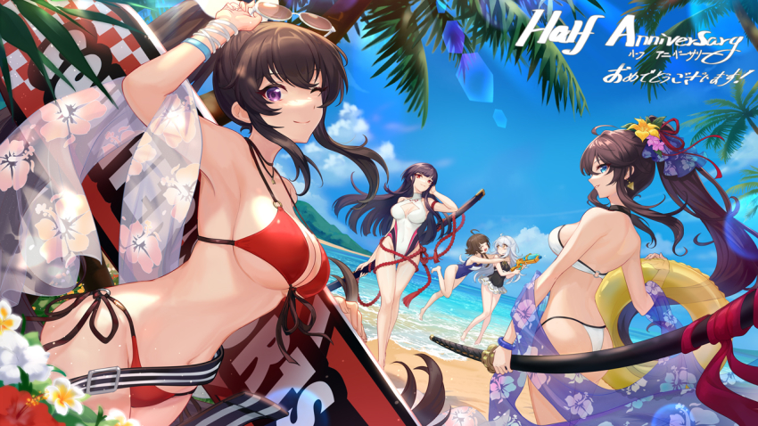 5girls, alternate_costume, asukayou, beach, bikini, blue_eyes, breasts, brown_hair