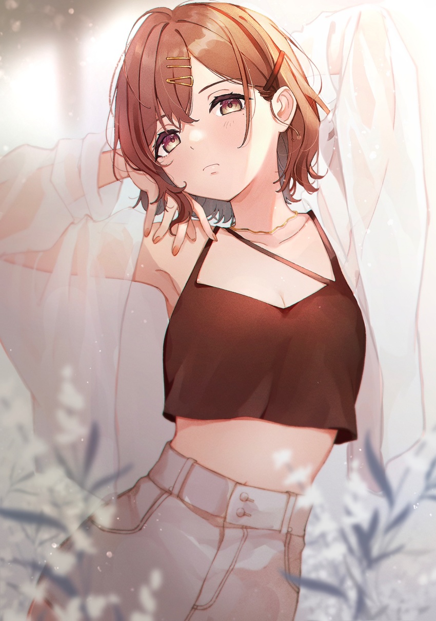1girl, armpits, arms_up, black_tank_top, blurry, blurry_foreground, blush, breasts, brown_eyes, brown_hair, cleavage, collarbone, crop_top, depth_of_field, expressionless, hair_ornament, hairpin, highres, higuchi_madoka, idolmaster, idolmaster_shiny_colors, looking_at_viewer, mameyanagi, medium_breasts, mole, mole_under_eye, see-through_clothes, see-through_shirt, shirt, short_hair, solo, tank_top, wavy_hair, white_shirt