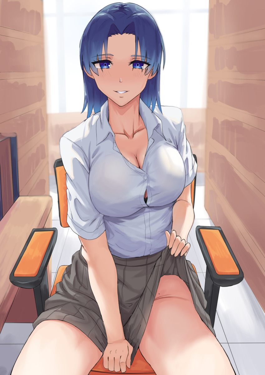 1girl, blue_eyes, blue_hair, blush, breasts, brown_skirt, chair, cleavage, clothes_lift, collarbone, covering_crotch, covering_privates, feet_out_of_frame, hair_intakes, highres, kamiya_ai, kawaii_dake_ja_nai_shikimori-san, light_smile, long_hair, looking_at_viewer, medium_breasts, mikame_v2, mole, no_panties, open_mouth, parted_bangs, shirt, sitting, skirt, skirt_lift, skirt_tug, solo, teeth, white_shirt