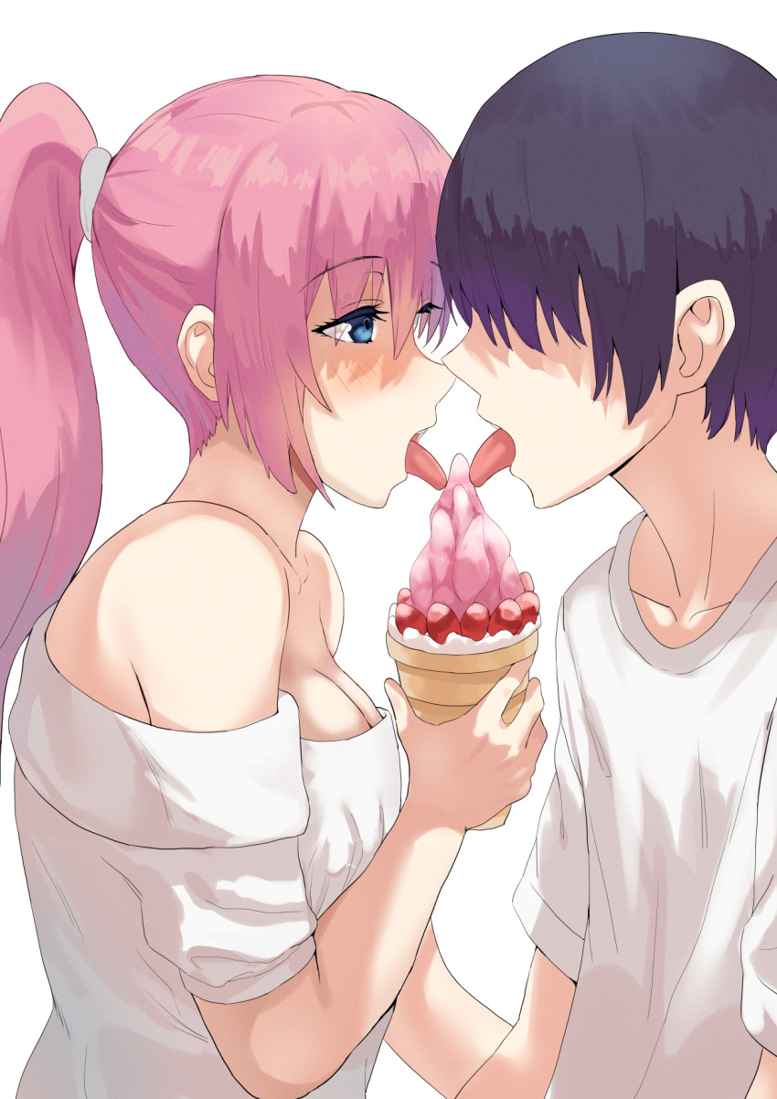 1boy, 1girl, bare_shoulders, blue_eyes, breasts, collarbone, food, highres