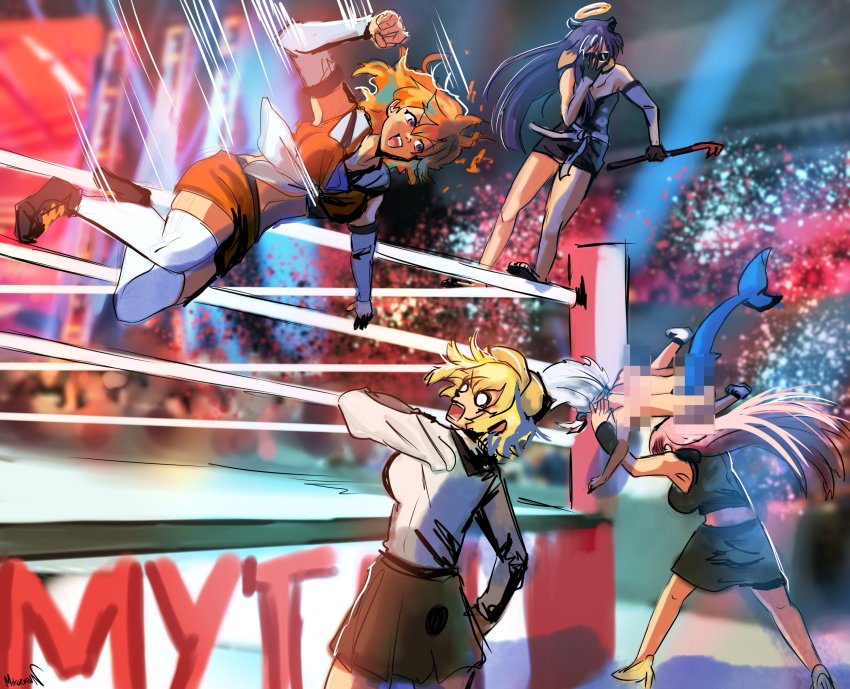 5girls, absurdres, bare_shoulders, black_dress, black_hair, black_skirt, blonde_hair, brown_skirt