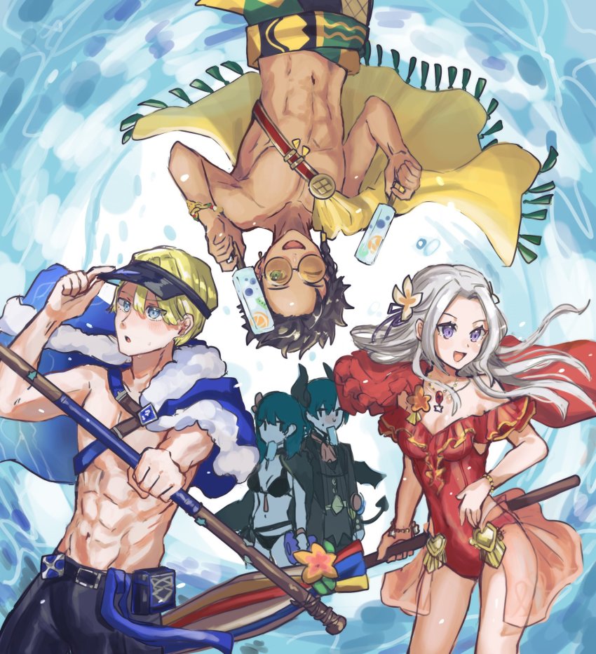 2girls, 3boys, abs, bikini, black_bikini, breasts, female_byleth_(fire_emblem), female_byleth_(summer)_(fire_emblem)