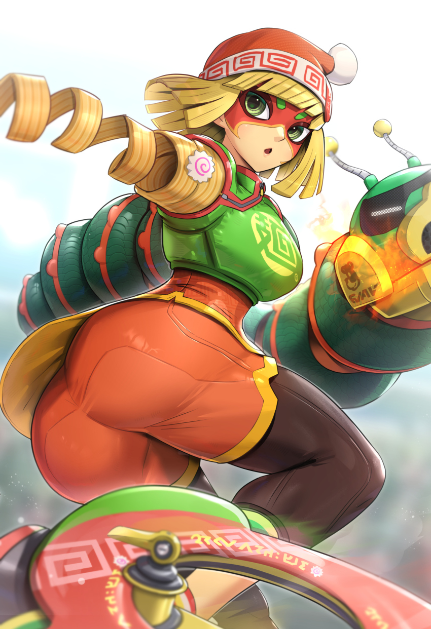 1girl, arms_(game), ass, beanie, blonde_hair, domino_mask, dragon_(arms), eye_mask, eyebrows_visible_through_mask, food, gonzarez, green_eyes, hat, highres, knit_hat, mask, min_min_(arms), noodles, ramram_(arms), ribbon_hair, solo