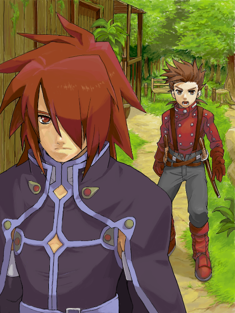 0000973988, 00s, age_difference, brown_eyes, brown_hair, father_and_child, father_and_son, hair_over_one_eye, kratos_aurion, lloyd_irving, male_focus, parent_and_child, red_eyes, red_hair, short_hair, tales_of_(series), tales_of_symphonia