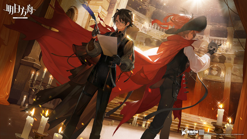 2boys, animal_ears, arknights, ayinsahuanerpao, black_hair, black_headwear, black_pants, black_vest
