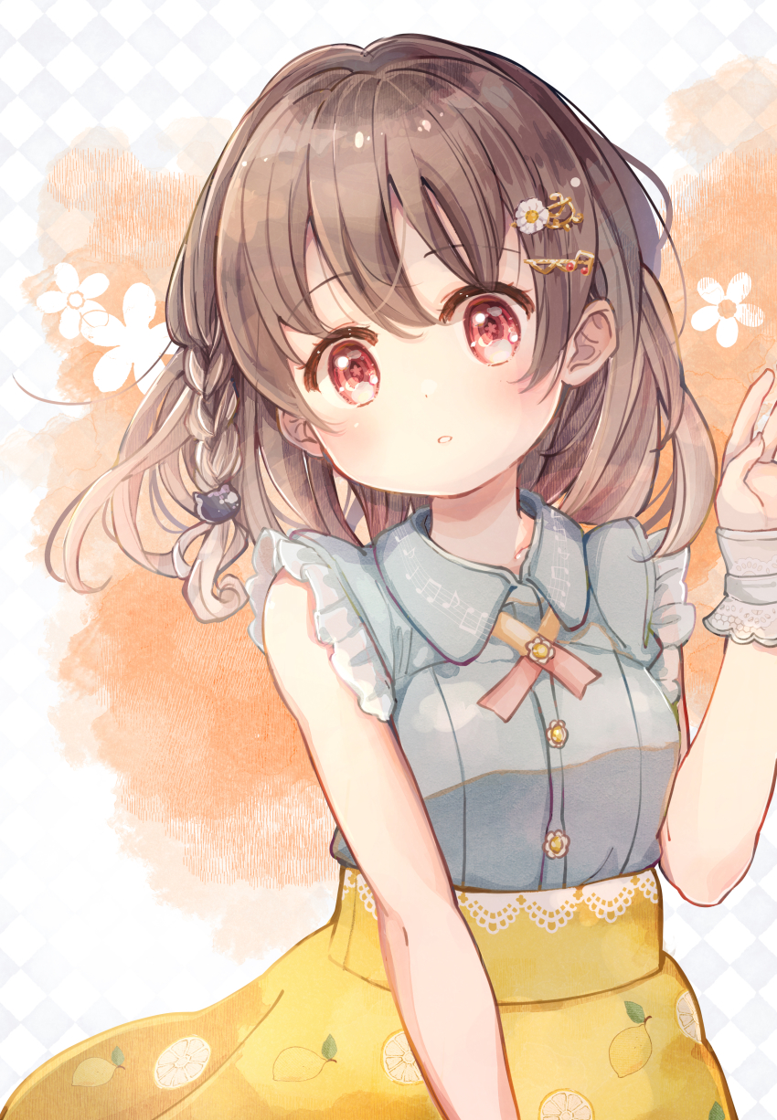1girl, absurdres, blush, braid, brown_hair, cat_hair_ornament, collared_shirt, flower_button