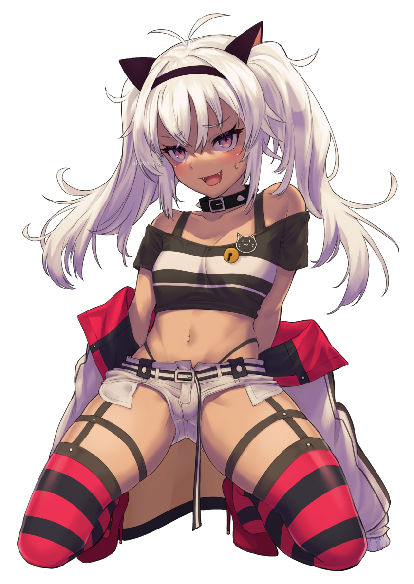 1girl, :d, absurdres, akaya_shiki, bare_shoulders, blush, breasts, collarbone, crop_top, dark-skinned_female, dark_skin, fangs, garter_straps, grey_hair, hairband, high_heels, highres, jacket, jacket_partially_removed, long_hair, matsukai_mao, matsukai_mao_(1st_costume), midriff, navel, nijisanji, open_mouth, purple_eyes, short_shorts, shorts, simple_background, small_breasts, smile, solo, squatting, striped_clothes, striped_thighhighs, sweat, sweatdrop, thigh_strap, thighhighs, thong, twintails, virtual_youtuber, white_background, zettai_ryouiki