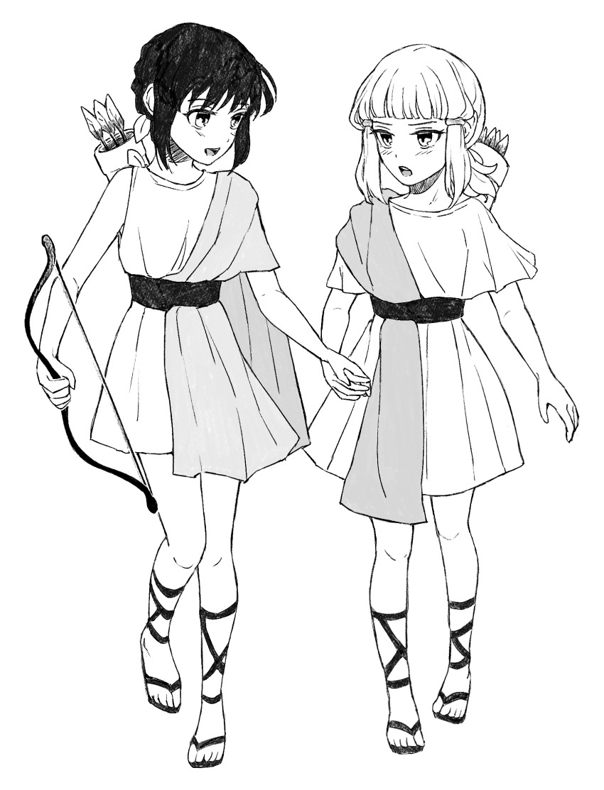 2girls, aged_down, ancient_greek_clothes, arrow_(projectile), bow_(weapon), child, fate/grand_order, fate/strange_fake