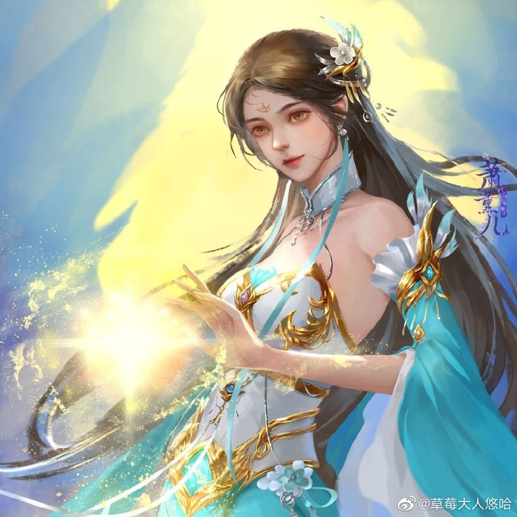 1girl, brown_hair, caomei_daren_you_ha, collar, doupo_cangqiong, dress, earrings, expressionless, facial_mark, flower, forehead_mark, gu_xun_er_(doupo_cangqiong), hair_flower, hair_ornament, jewelry, light, long_hair, long_sleeves, solo, upper_body, white_dress