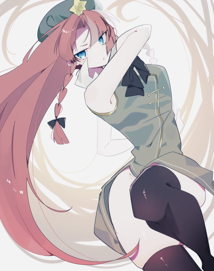 1girl, bad_id, bad_twitter_id, beret, black_thighhighs, blue_eyes, braid, china_dress