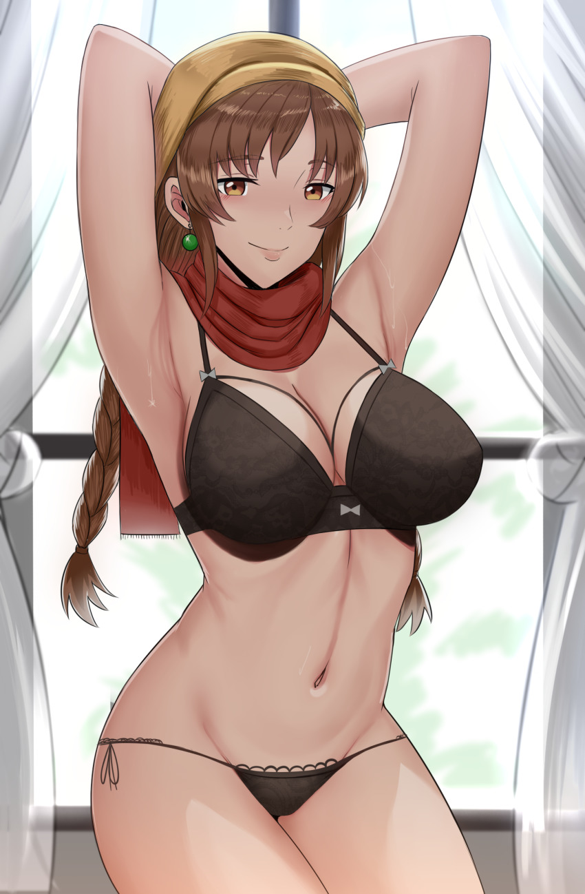 1girl, arms_behind_head, black_bra, black_panties, bow, bow_bra, bra, braid