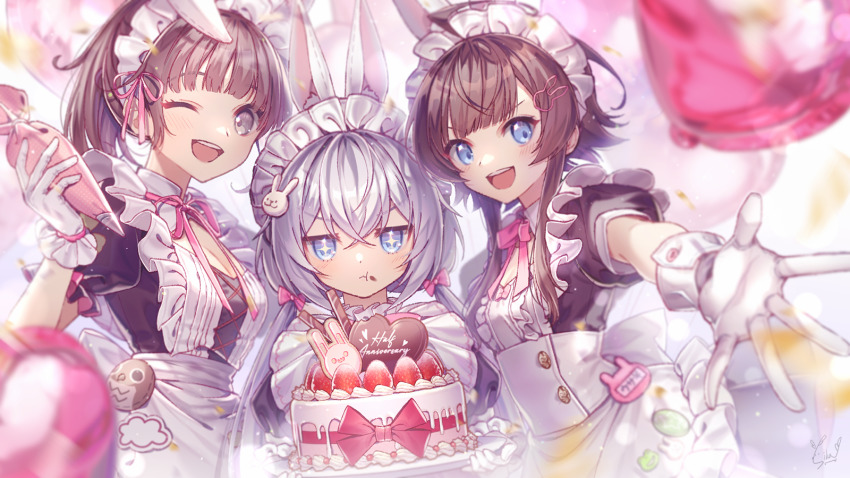 3girls, animal_ears, blue_eyes, blunt_bangs, breasts, cake, cho_hojin, cleavage
