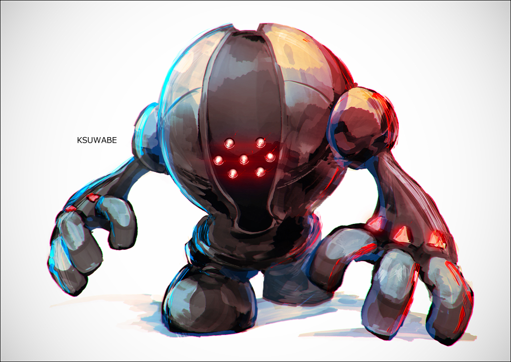 artist_name, commentary, full_body, gen_3_pokemon, glowing, glowing_eyes, k-suwabe, legendary_pokemon, nintendo, no_humans, pokemon, red_eyes, registeel, shadow, simple_background, solo, standing, steel, white_background