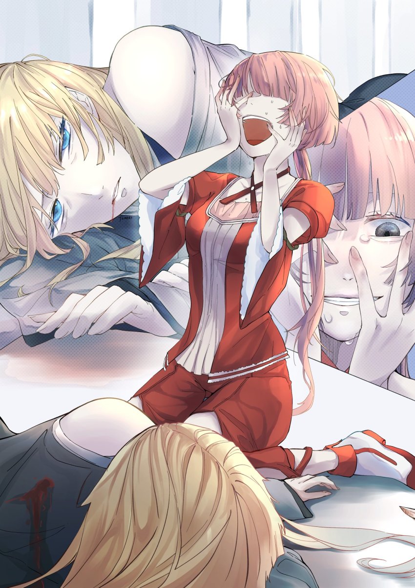 2girls, alternate_hair_color, arm_cutout, backstab, bags_under_eyes, bare_shoulders, bleeding, blonde_hair, blood, blood_from_mouth, blue_eyes, blunt_bangs, breasts, choker, clothing_cutout, collarbone, colored_eyelashes, crazy_grin, crying, crying_with_eyes_open, elluka_chirclatia, evil_grin, evil_smile, evillious_nendaiki, footwear_ribbon, grey_eyes, grin, hands_on_own_face, highres, injury, irina_clockworker, knee_cutout, kneeling, laughing, long_hair, lying, ma_survival_(vocaloid), megurine_luka, multiple_girls, nekomura_iroha, on_floor, on_side, open_mouth, pale_skin, pants, petite, pink_hair, ponytail, red_choker, red_pants, red_shirt, shirt, small_breasts, smile, streaming_tears, tears, tomari_drew, vocaloid, wide_sleeves