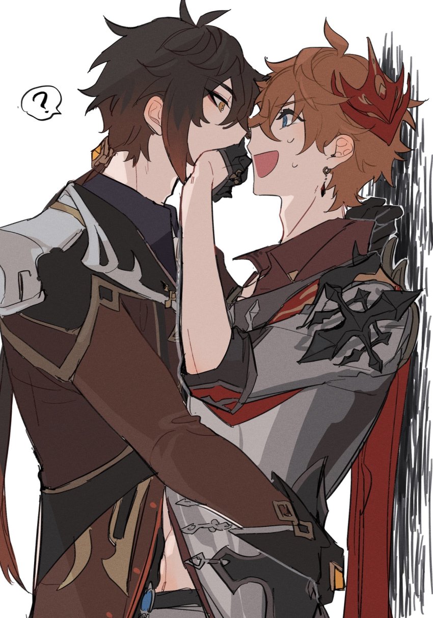 2boys, black_hair, black_shirt, blue_eyes, blush, brown_hair, commentary, ear_blush, earrings, eye_contact, from_side, genshin_impact, gloves, half_gloves, hand_on_another's_mouth, highres, jacket, jewelry, looking_at_another, male_focus, mask, mask_on_head, multiple_boys, necktie, open_mouth, orange_hair, poyapoya_c, red_mask, red_scarf, scarf, shirt, simple_background, single_earring, sweatdrop, tartaglia_(genshin_impact), tassel, tassel_earrings, upper_body, white_background, yaoi, zhongli_(genshin_impact)