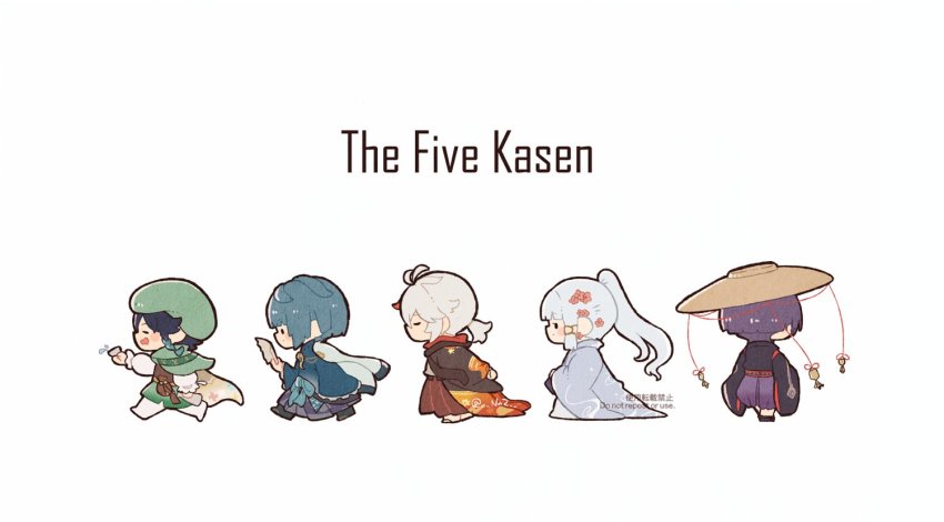 1girl, 4boys, ayaka_(genshin_impact), black_hair, blue_hair, cape, chibi, closed_eyes