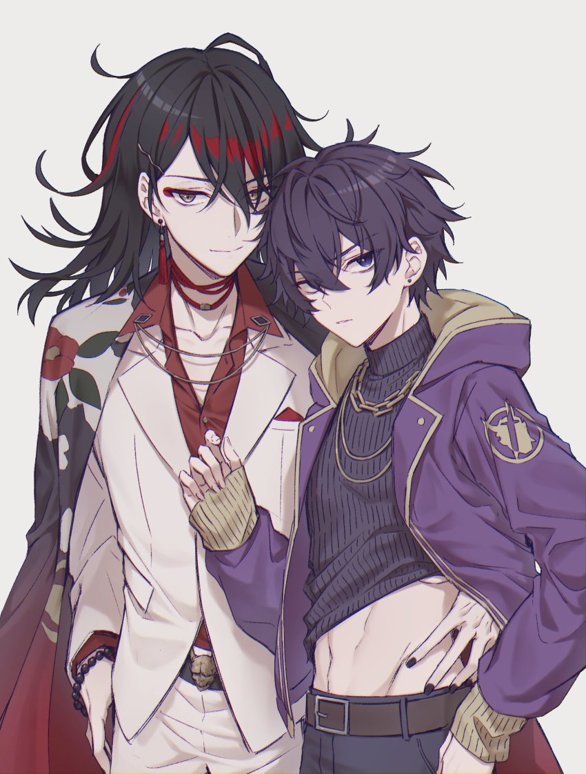 2boys, bead_bracelet, beads, belt, black_hair, black_nails, bracelet, brown_belt