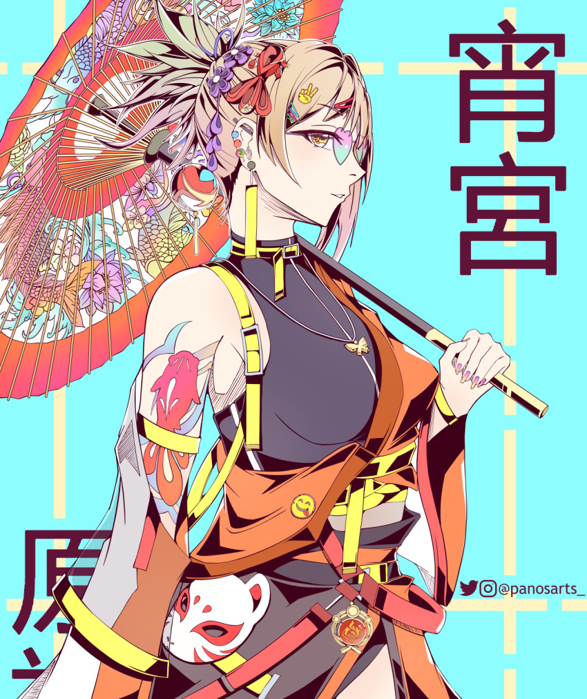 1girl, belt, breasts, brown_hair, from_side, genshin_impact, hair_ornament, highres