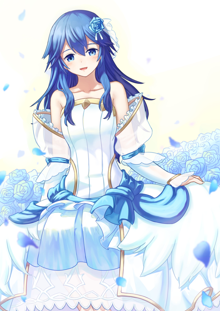 1girl, bare_shoulders, blue_eyes, blue_flower, blue_hair, bride, bride_(fire_emblem), dress