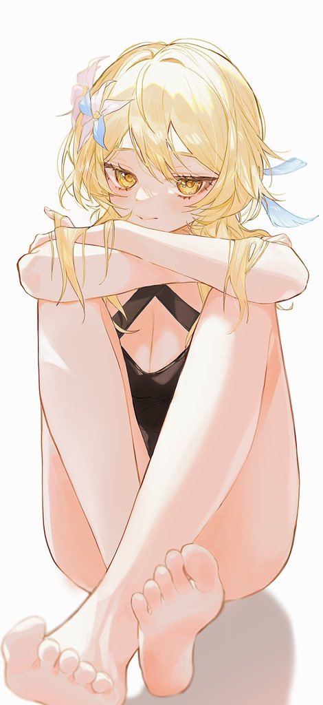 1girl, bare_arms, bare_legs, barefoot, blonde_hair, blush, breasts, cleavage