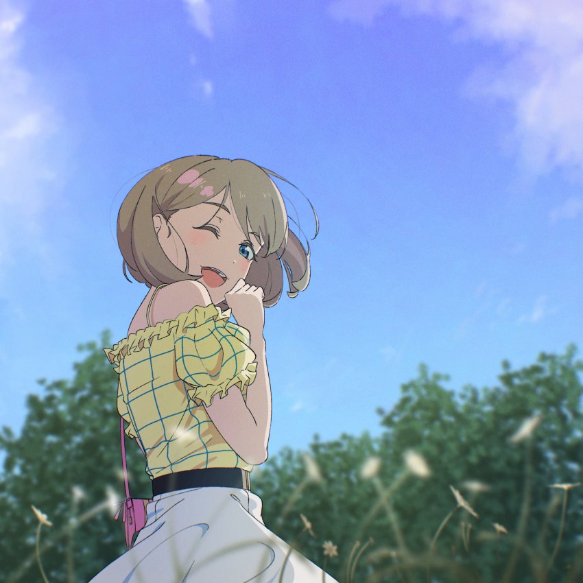 1girl, absurdres, alt_text, alternate_costume, belt, blue_eyes, cloud, day