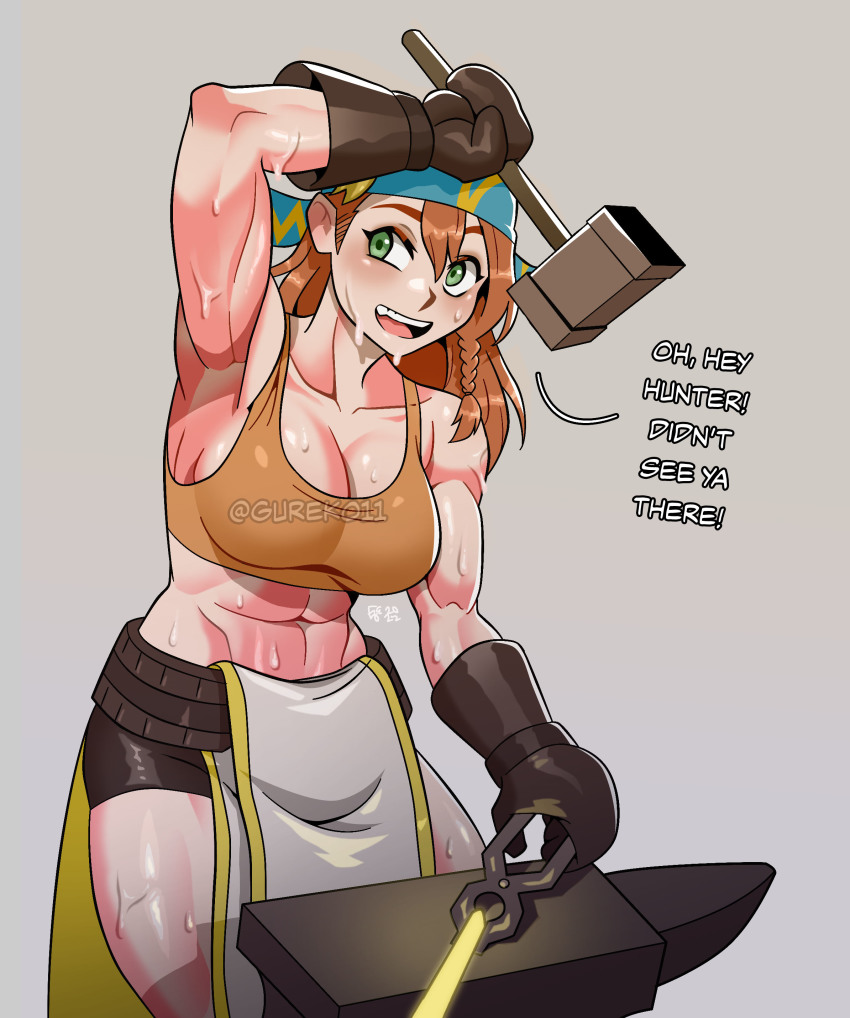 1girl, abs, absurdres, anvil, armpits, belt, blush, braid, breasts, brown_hair, capcom, cleavage, commentary, english_commentary, english_text, female_focus, gloves, green_eyes, grey_background, gureko_(drawsloods), hair_between_eyes, hammer, headband, highres, holding, holding_hammer, holding_tongs, large_breasts, looking_to_the_side, medium_hair, midriff, minayle_(monster_hunter), monster_hunter_(series), monster_hunter_rise, muscular, muscular_female, navel, open_mouth, shadow, shiny_clothes, shiny_skin, short_shorts, shorts, sideboob, sidelocks, signature, simple_background, solo, standing, sweat, tank_top, tareme, teeth, tongs, twitter_username, upper_teeth_only, watermark, wiping_sweat