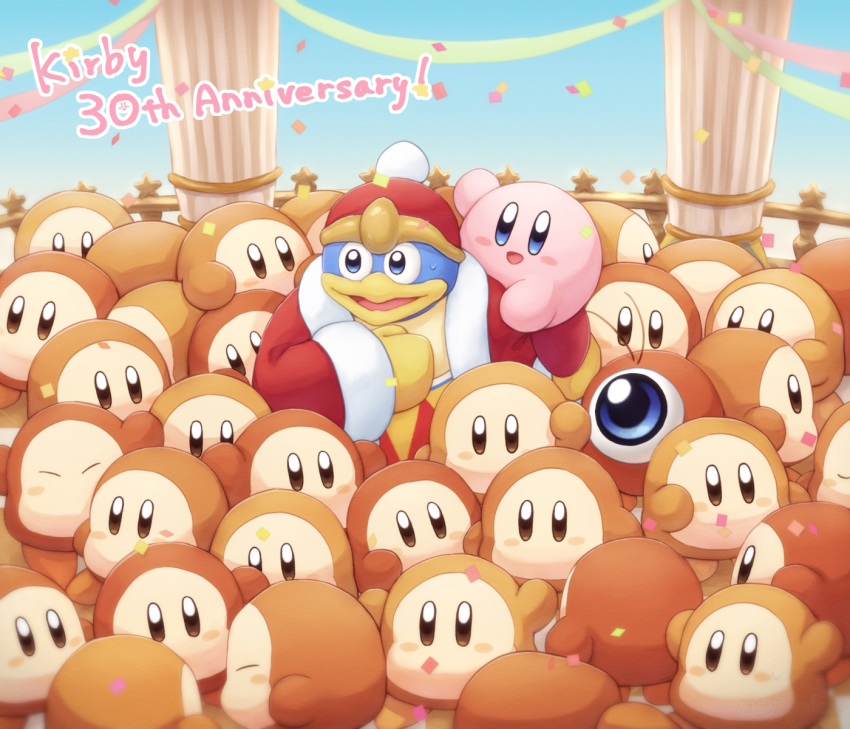 anniversary, blue_skin, blush, coat, colored_skin, column, confetti, day, closed_eyes, gloves, happy, hat, highres, king_dedede, kirby, kirby's_dream_land, kirby_(series), looking_to_the_side, nintendo, open_mouth, pillar, sky, sweat, sweatdrop, text_focus, tongue, tr_gohan, waddle_dee, waddle_doo