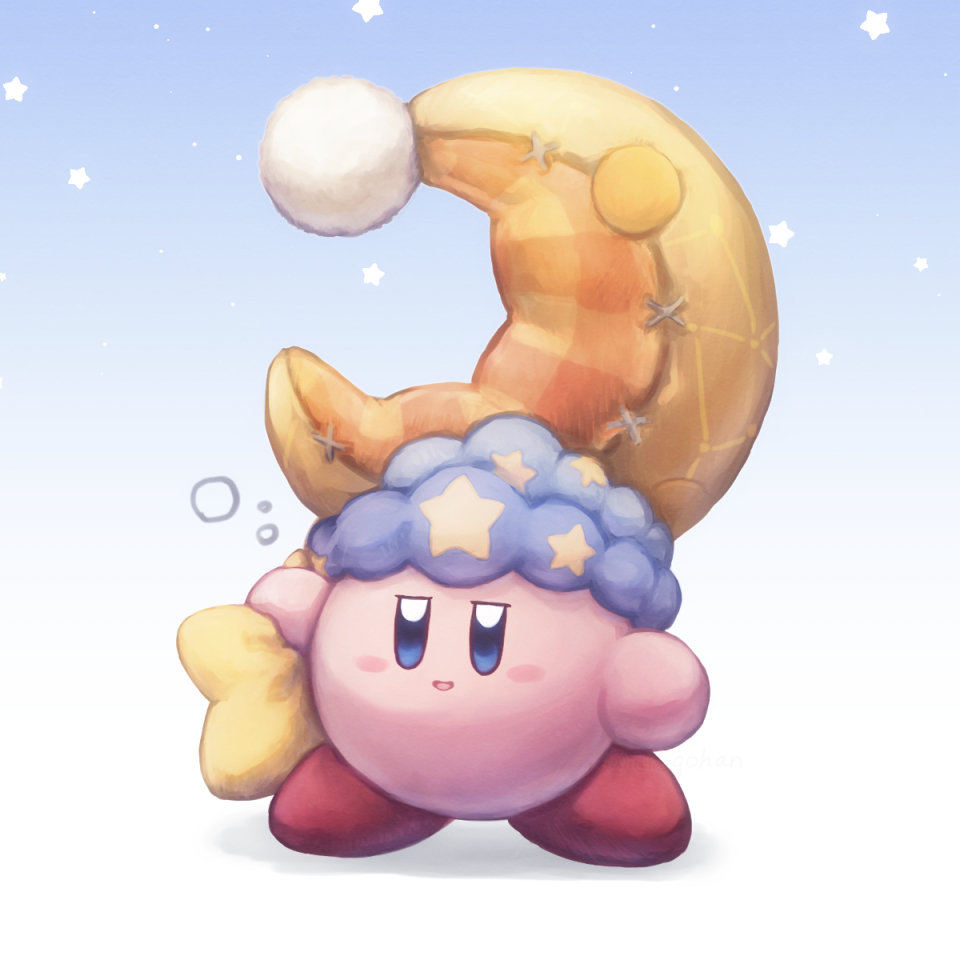 blue_background, blue_eyes, blush, crescent_moon, deep_sleep_kirby, grabbing, gradient_background, half-closed_eyes