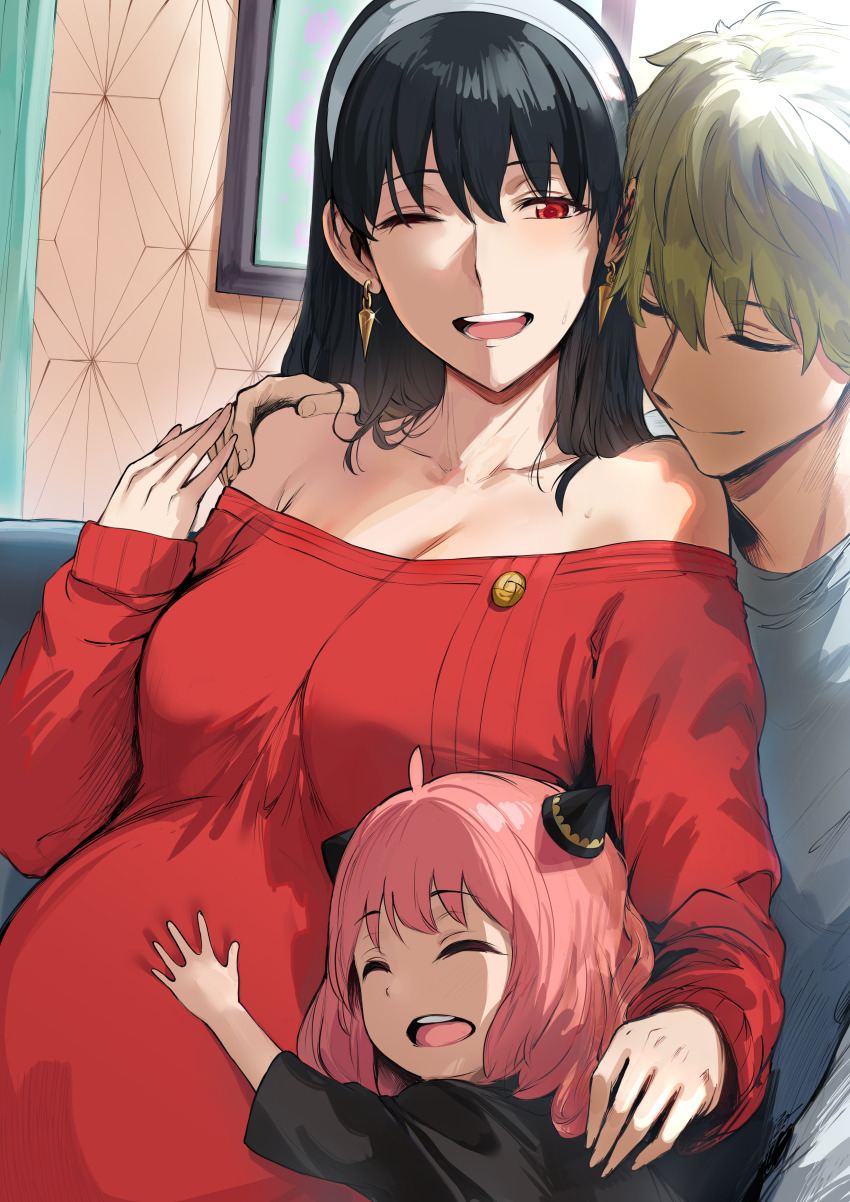 1boy, 2girls, absurdres, adoptive_parent_and_adoptive_child, affectionate, anya_(spy_x_family), bare_shoulders, black_hair