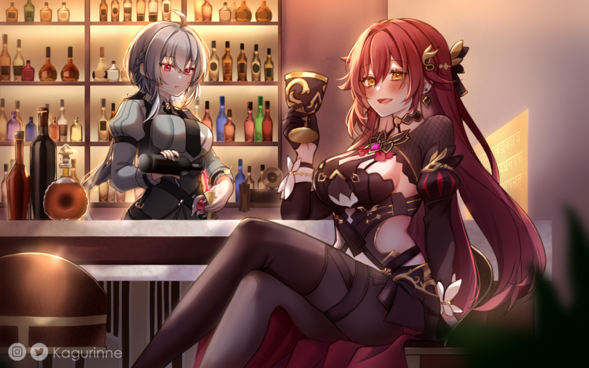 2girls, :d, ahoge, alcohol, artist_name, bartender, blush, bottle