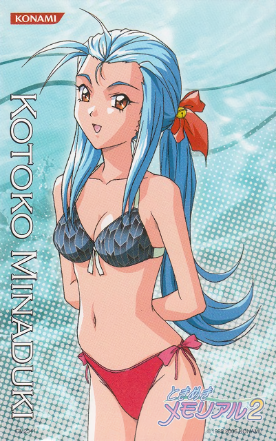 1990s_(style), 1girl, arms_behind_back, bikini, blue_hair, character_name, cowboy_shot, kokura_masashi