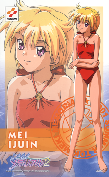 1990s_(style), 1girl, barefoot, blonde_hair, casual_one-piece_swimsuit, character_name, copyright_name, full_body