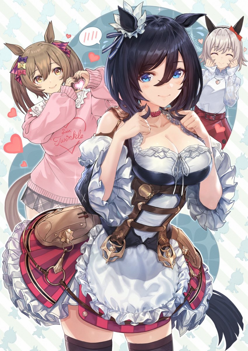 alternate_costume, black_hair, blush, breasts, brown_eyes, brown_hair, casual, cleavage