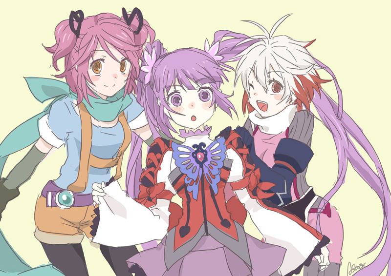 3girls, asao-vc, blue_shirt, cheria_barnes, cheria_barnes_(cosplay), cosplay, costume_switch, multicolored_hair, multiple_girls, pascal_(tales), pascal_(tales)_(cosplay), pink_hair, purple_hair, purple_skirt, red_hair, scarf, shirt, skirt, sophie_(tales), sophie_(tales)_(cosplay), tales_of_(series), tales_of_graces, twintails, two-tone_hair, two_side_up, white_hair, yellow_background