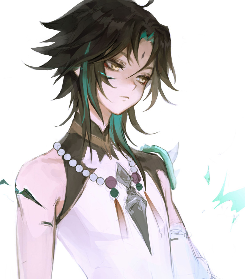 1boy, aamoooon_e, absurdres, bead_necklace, beads, black_hair, closed_mouth, commentary