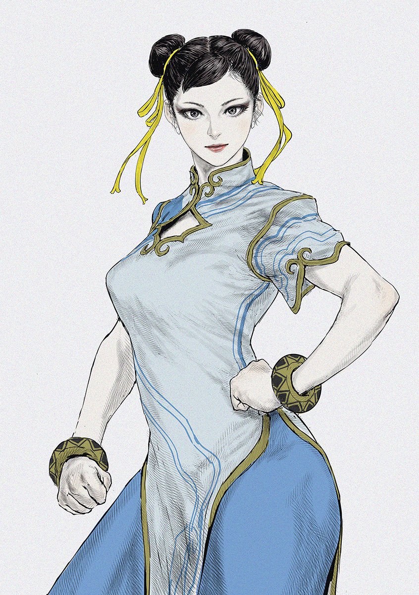1girl, black_eyes, black_hair, blue_legwear, capcom, china_dress, chinese_clothes, chun-li