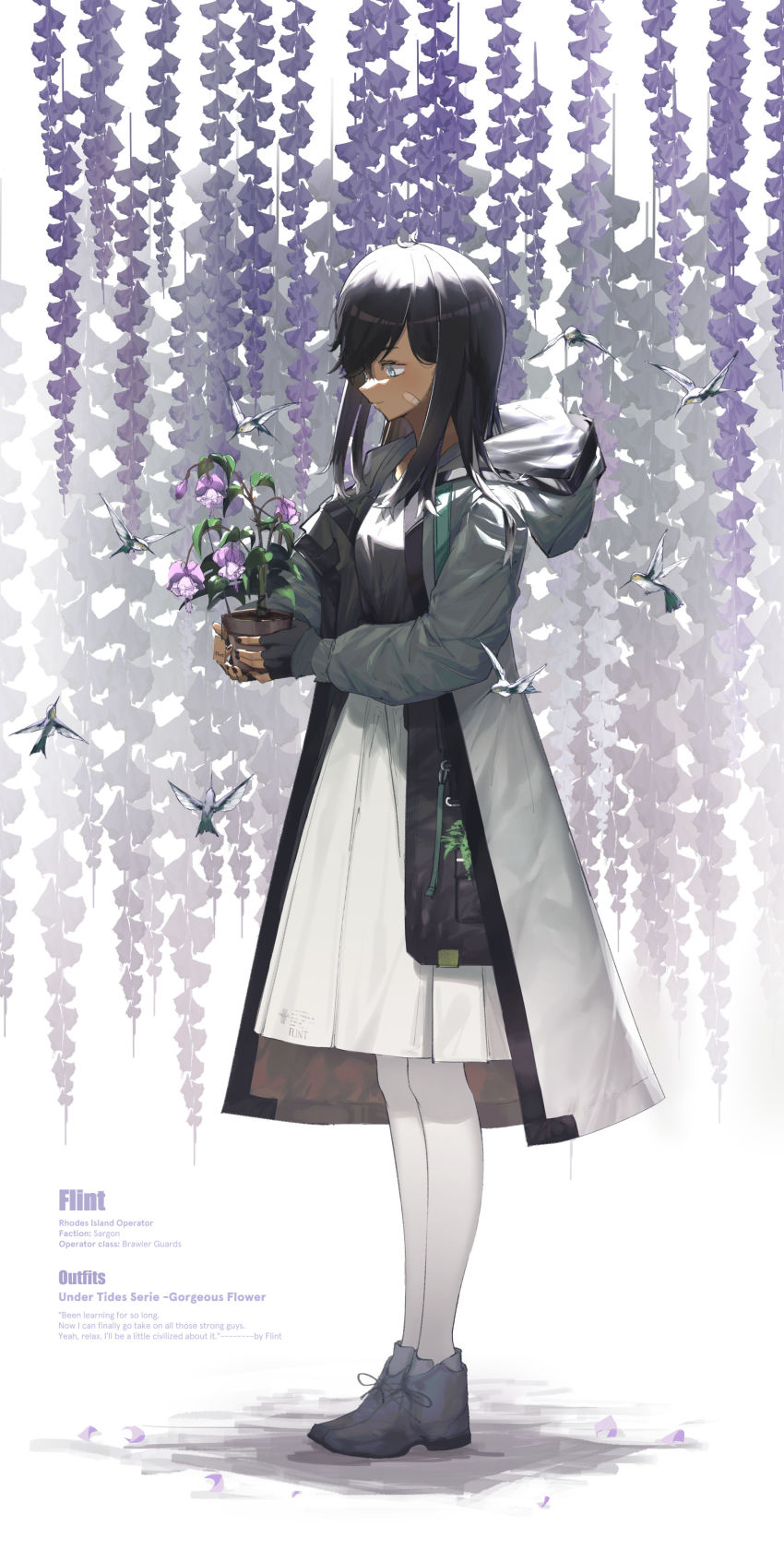 1girl, absurdres, arknights, bandaid, bandaid_on_face, bird, black_gloves, black_hair