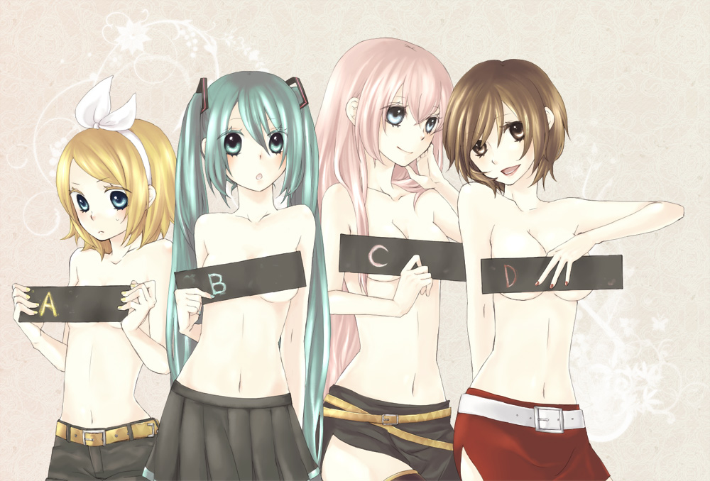 4girls, aqua_eyes, aqua_hair, armor87, bad_id, bad_pixiv_id, blonde_hair, blue_eyes, breasts, brown_eyes, comparison, covering_breasts, covering_privates, hair_ribbon, hatsune_miku, kagamine_rin, long_hair, megurine_luka, meiko_(vocaloid), multiple_girls, pink_hair, ribbon, short_hair, skirt, small_breasts, smile, topless_female, twintails, very_long_hair, vocaloid